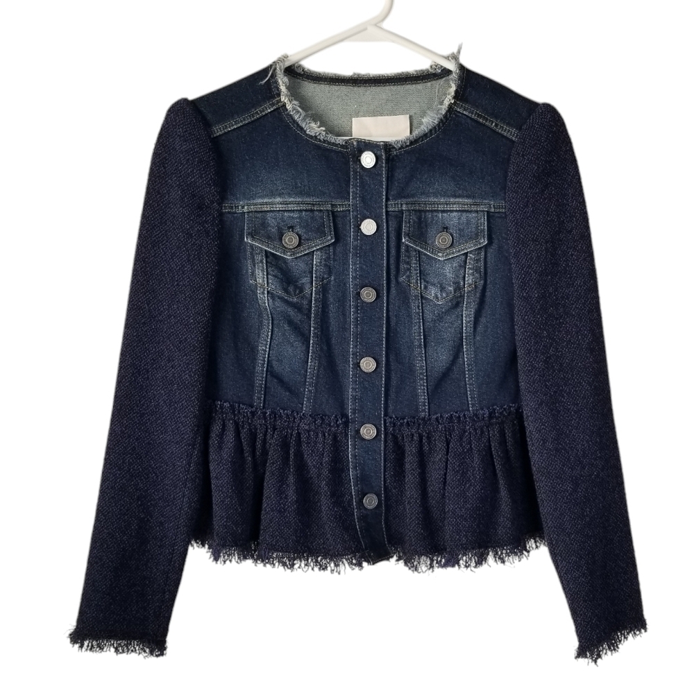 Rebecca Taylor Frayed Stretch Tweed Denim Jacket Size 0 Peplum